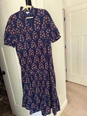 Saule Parc Navy Blue Floral Midi Dress Cotton Short Sleeve